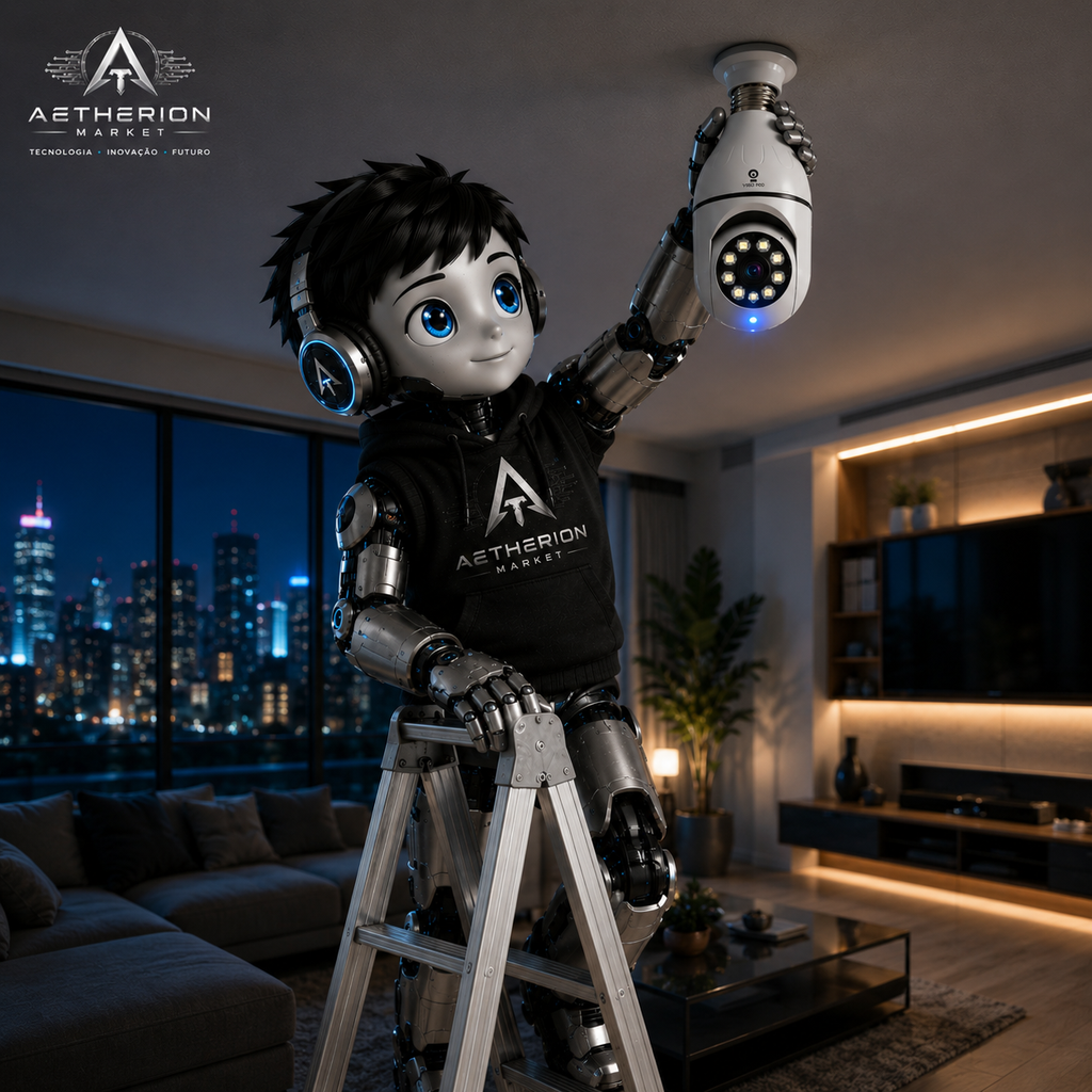 Câmera Lâmpada WiFi 360° V380 Pro VR | Segurança 3D Sem Fio | Visão Noturna Panorâmica | App Celular | Aetherion Market