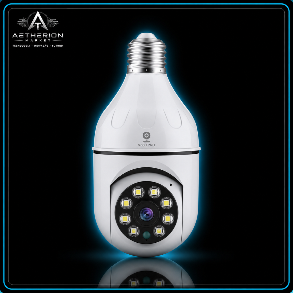 Câmera Lâmpada WiFi 360° V380 Pro VR | Segurança 3D Sem Fio | Visão Noturna Panorâmica | App Celular | Aetherion Market