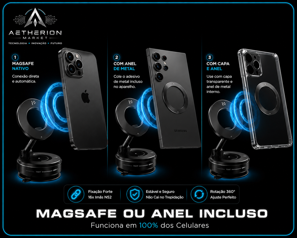 Suporte para celular magnético 360° com Sucção a vácuo para carro