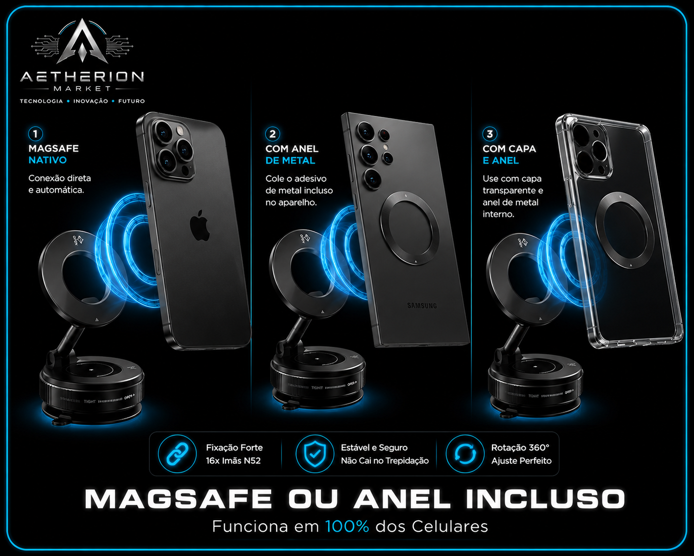 Suporte para celular magnético 360° com Sucção a vácuo para carro