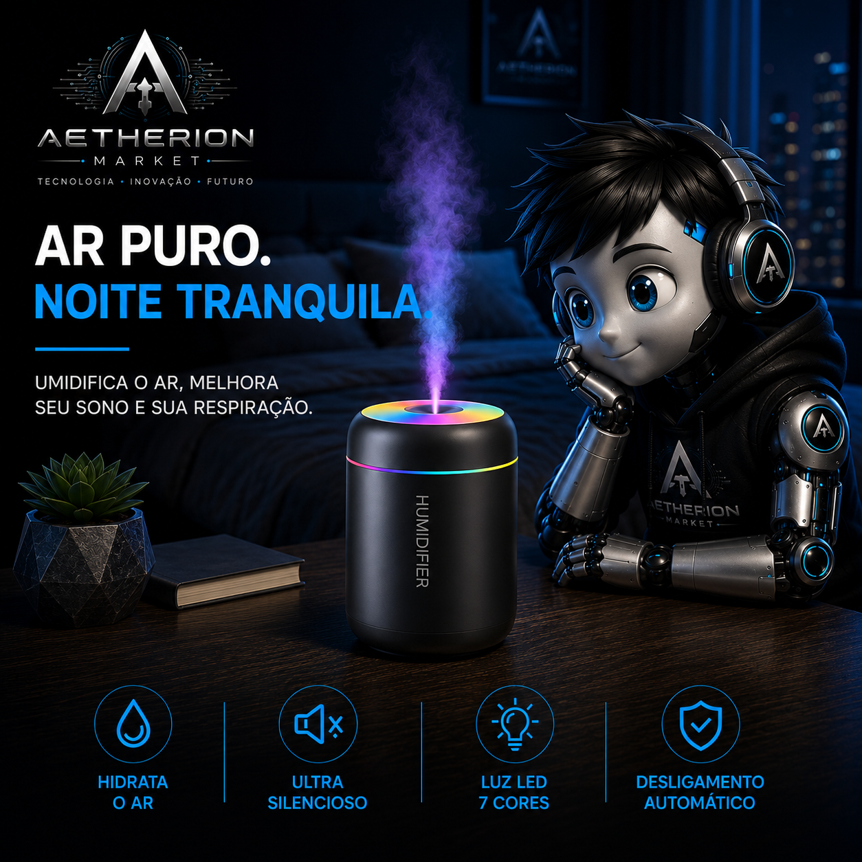 Umidificador de Ar Ultrassônico Aetherion Zen Pro LED 7 Cores