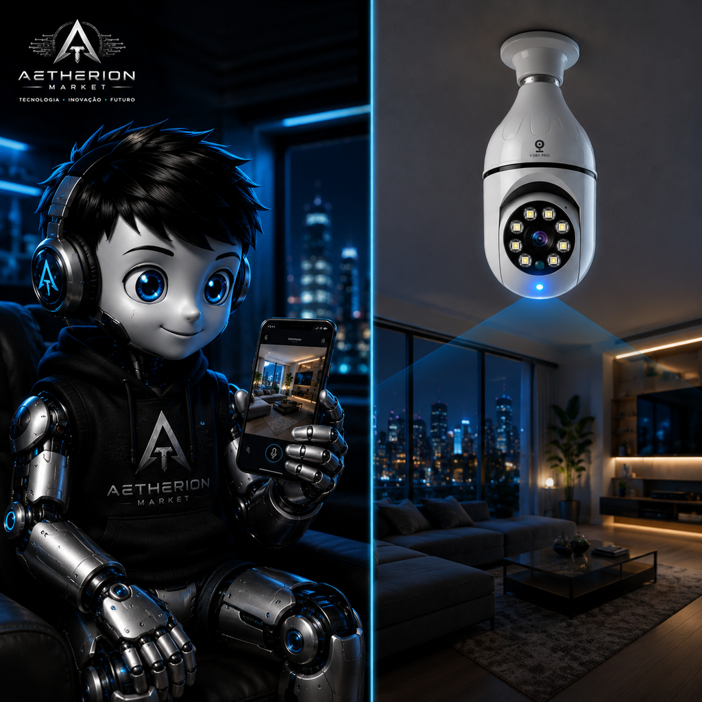 Câmera Lâmpada WiFi 360° V380 Pro VR | Segurança 3D Sem Fio | Visão Noturna Panorâmica | App Celular | Aetherion Market