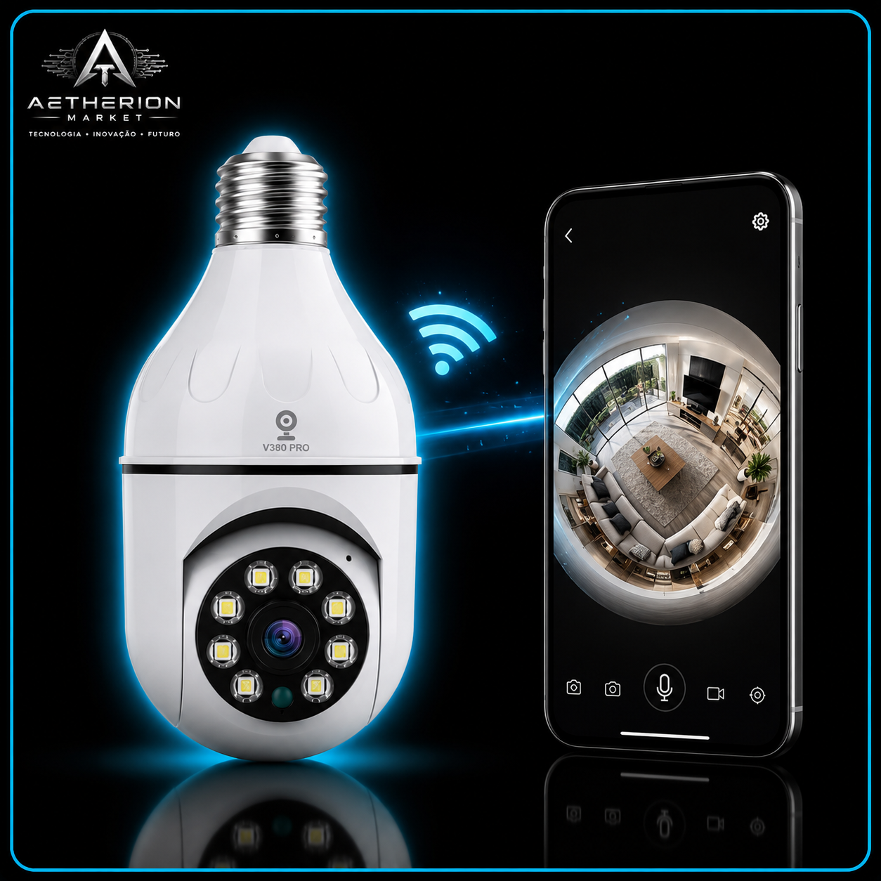 Câmera Lâmpada WiFi 360° V380 Pro VR | Segurança 3D Sem Fio | Visão Noturna Panorâmica | App Celular | Aetherion Market
