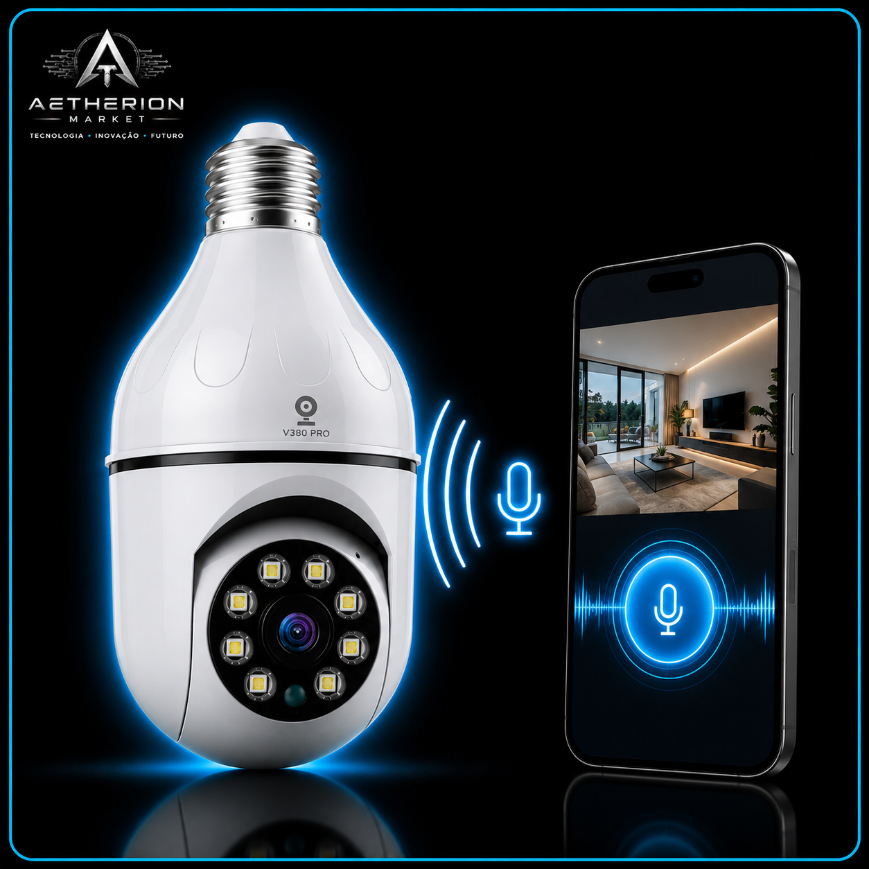 Câmera Lâmpada WiFi 360° V380 Pro VR | Segurança 3D Sem Fio | Visão Noturna Panorâmica | App Celular | Aetherion Market