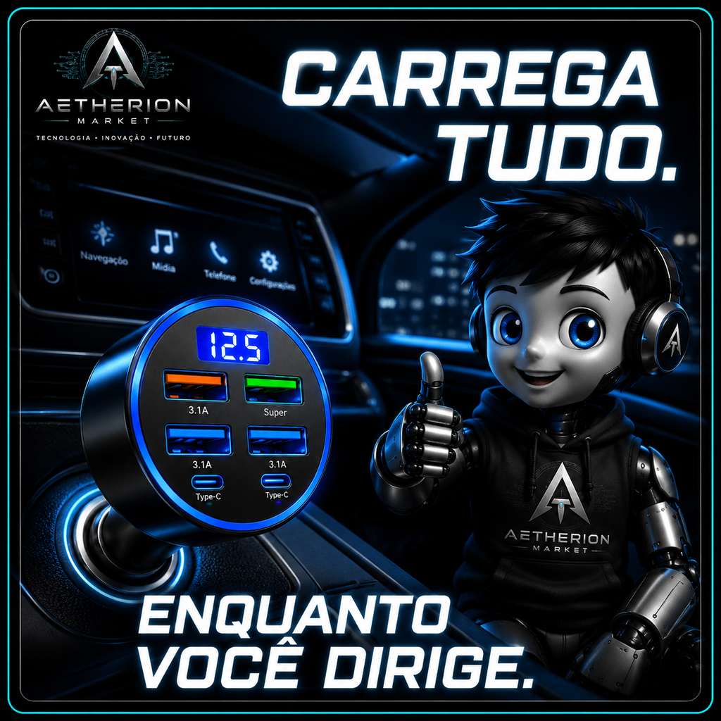 Carregador Veicular Turbo 6 em 1 USB-C Fast Charge