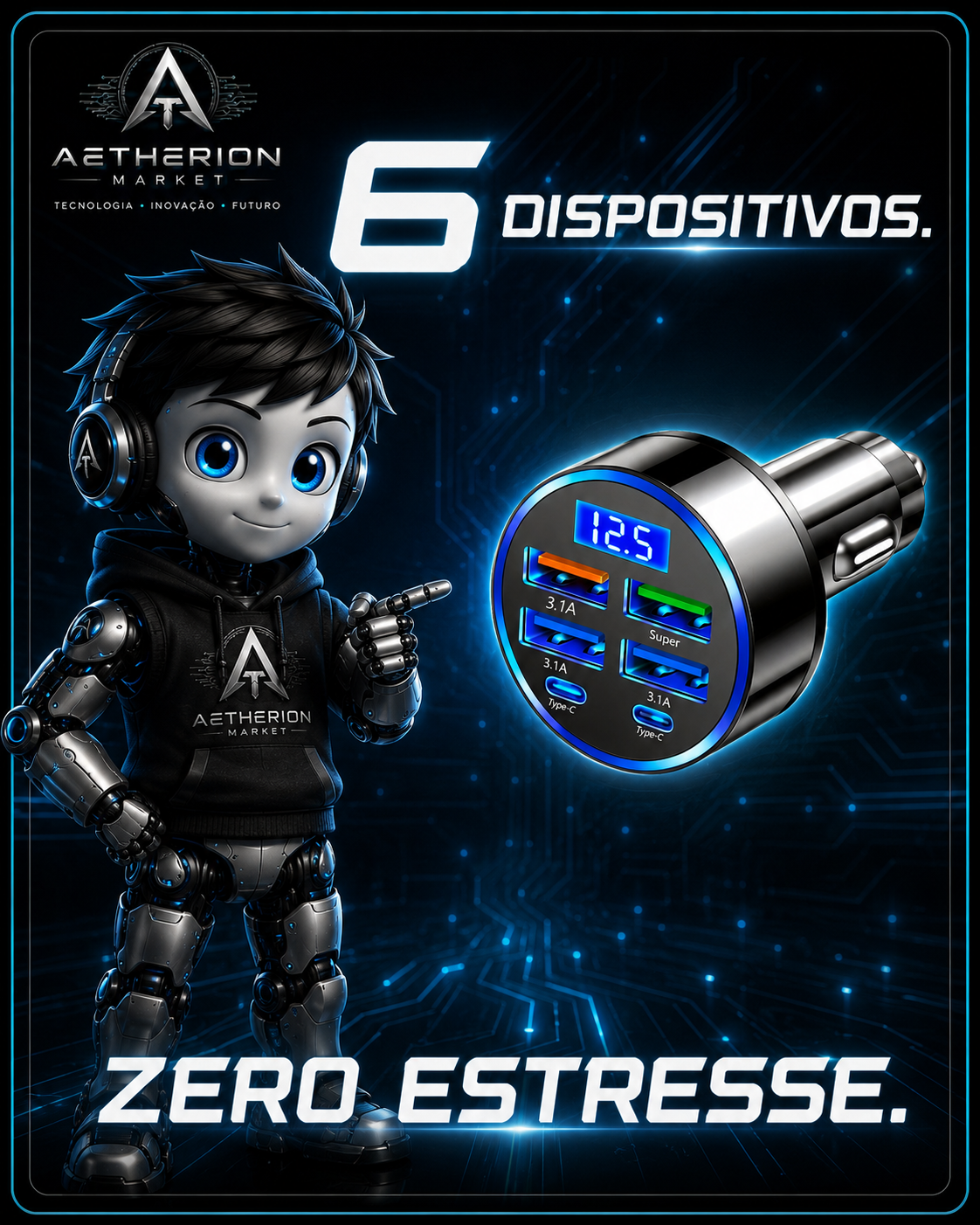 Carregador Veicular Turbo 6 em 1 USB-C Fast Charge