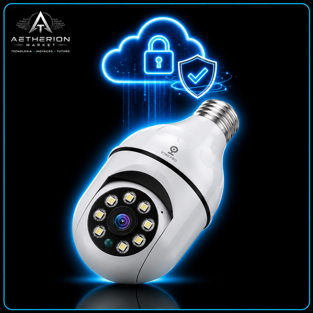 Câmera Lâmpada WiFi 360° V380 Pro VR | Segurança 3D Sem Fio | Visão Noturna Panorâmica | App Celular | Aetherion Market